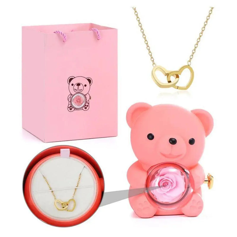Teddy Rosa Eterna com colar - presente inesquecível!