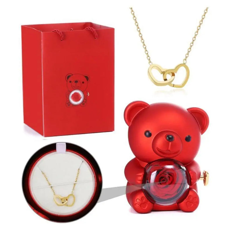 Teddy Rosa Eterna com colar - presente inesquecível!