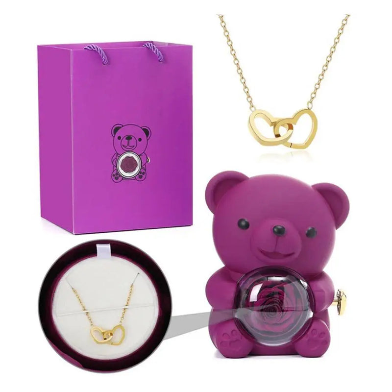 Teddy Rosa Eterna com colar - presente inesquecível!